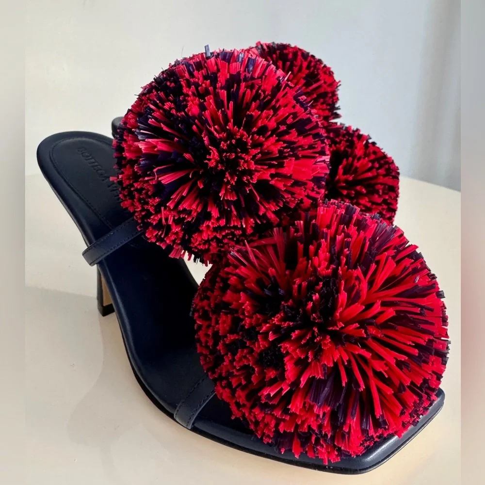Bottega Veneta *NEW* Leather Navy Blue & Red Pom Pom Shoes- Size 6.5 US - Picture 4 of 11